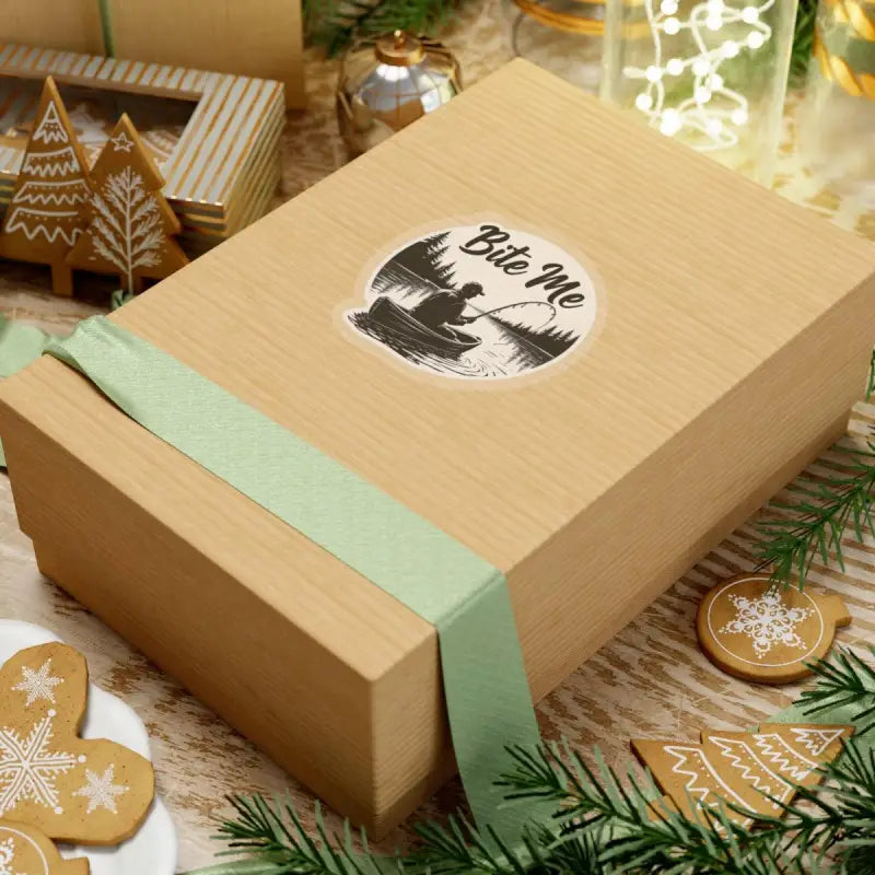 Wrapped gift box for Bite Me Fishing In Canoe Sticker, perfect for outdoor enthusiasts