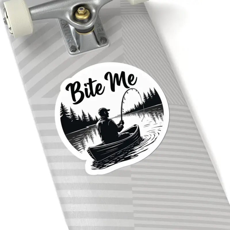 Bite Me Fishing In Canoe Sticker showcasing a fishing-themed design for enthusiasts