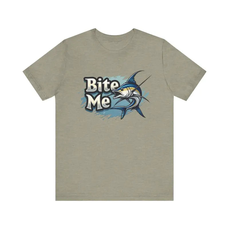 Khaki t-shirt featuring a marlin graphic from the Bite Me Unisex Fish Graphic Tee collection