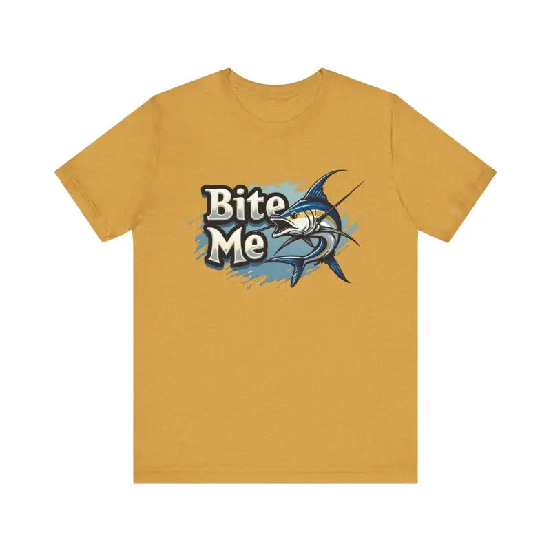 Mustard-colored unisex t-shirt featuring a Bite Me marlin graphic design
