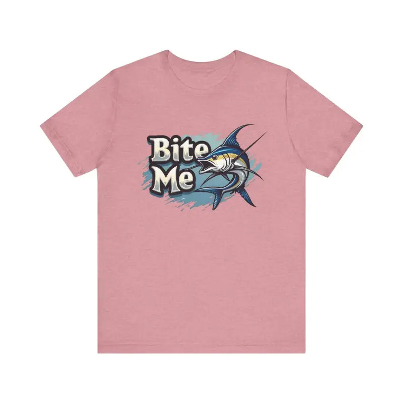 Pink unisex t-shirt featuring a Bite Me marlin graphic for fish enthusiasts