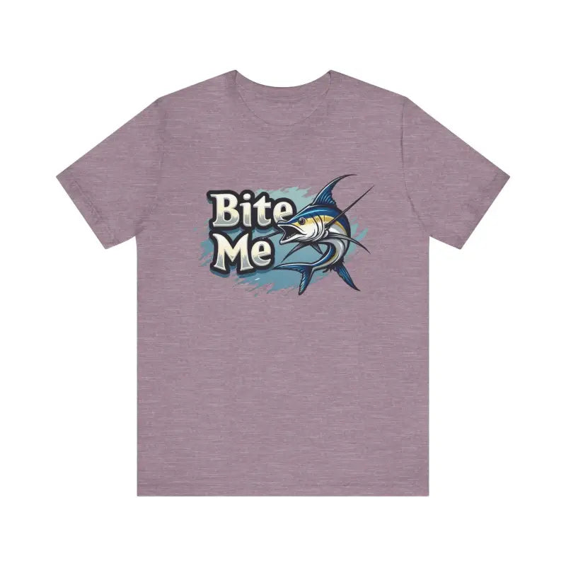 Heathered purple t-shirt featuring Bite Me Unisex Fish Graphic design for casual wear