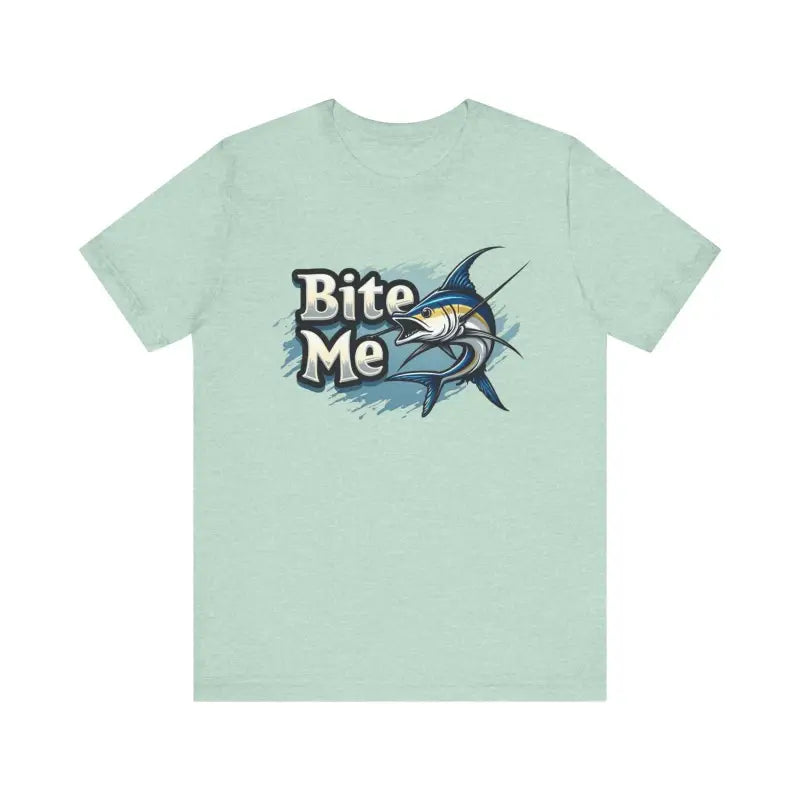 Light green Bite Me Unisex Fish Graphic Tee featuring marlin design on front