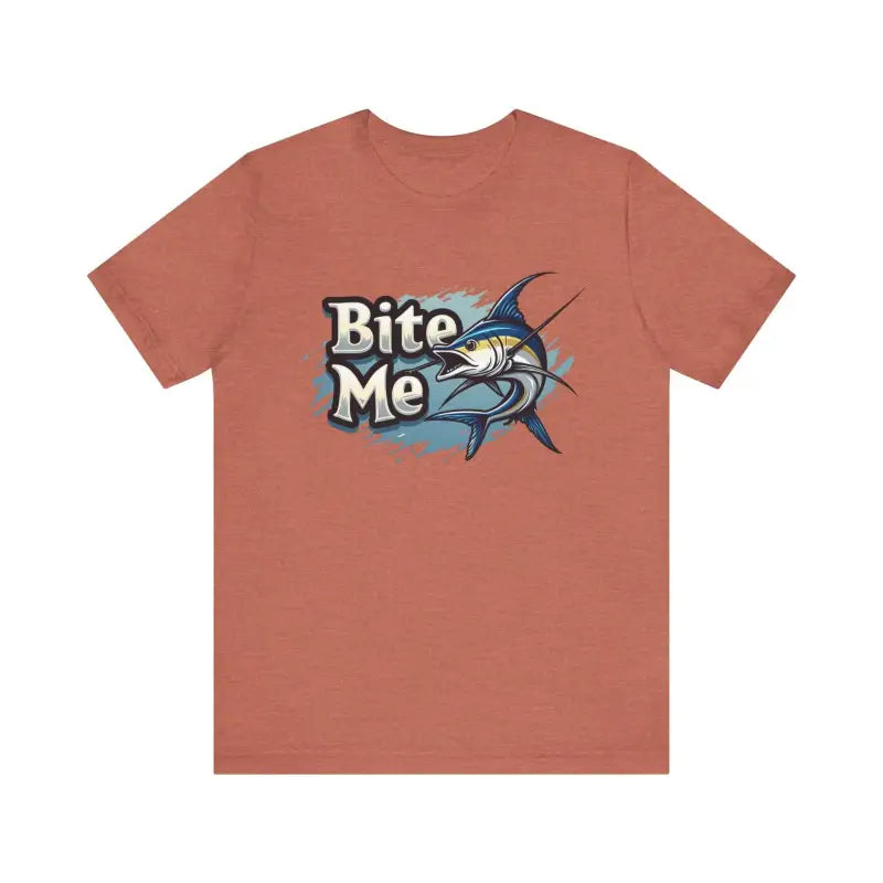 Salmon-colored Bite Me Unisex Fish Graphic Tee showcasing playful design