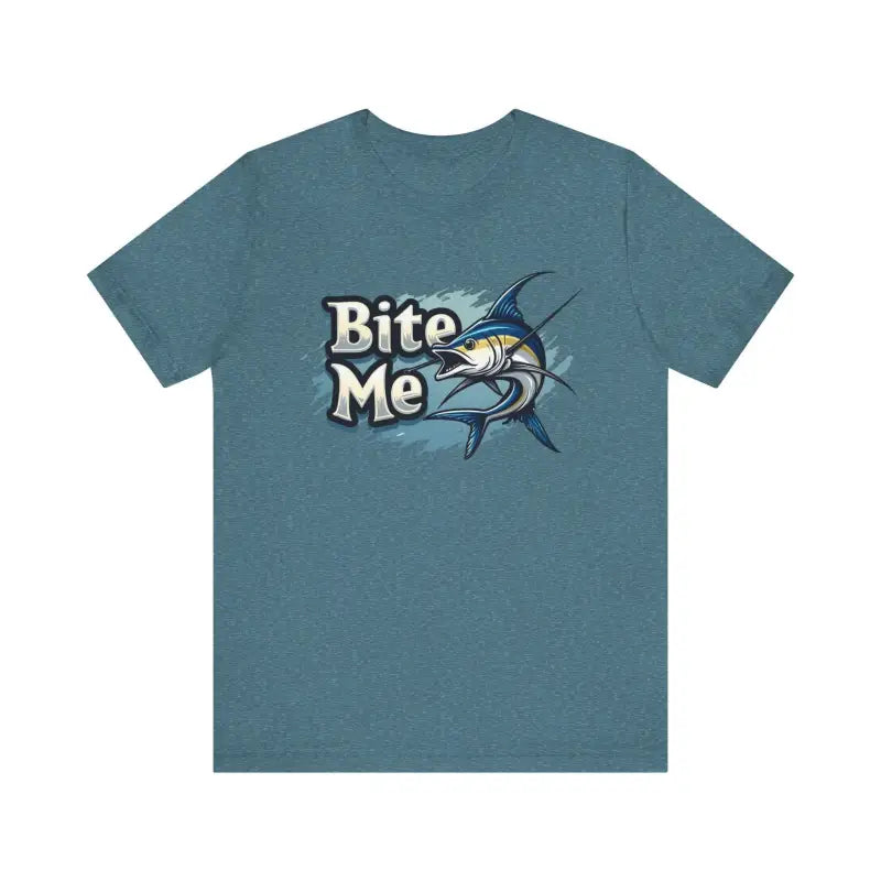 Blue t-shirt featuring a marlin graphic from the Bite Me Unisex Fish Graphic Tee collection