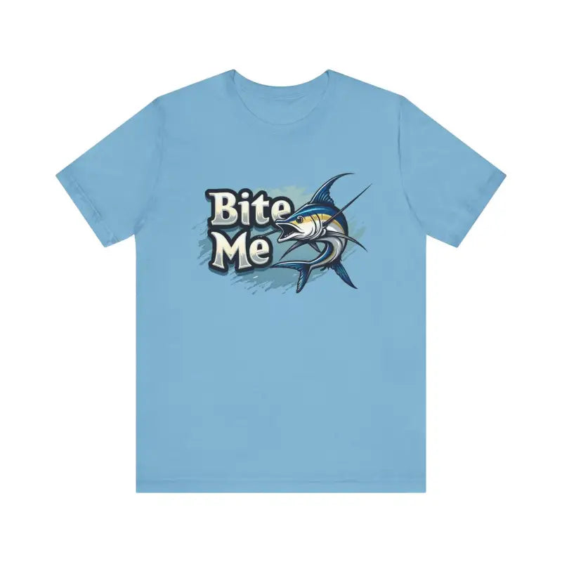Light blue Bite Me Unisex Fish Graphic Tee featuring a marlin design