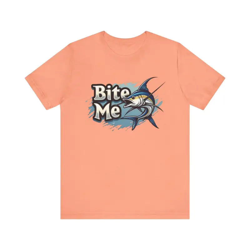 Peach-colored t-shirt featuring Bite Me Unisex Fish Graphic Tee design