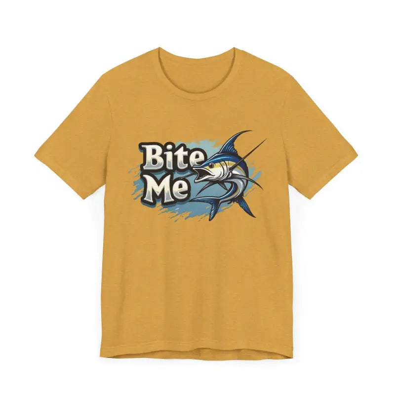 Mustard-colored t-shirt featuring a marlin graphic from Bite Me Unisex Fish Graphic Tee