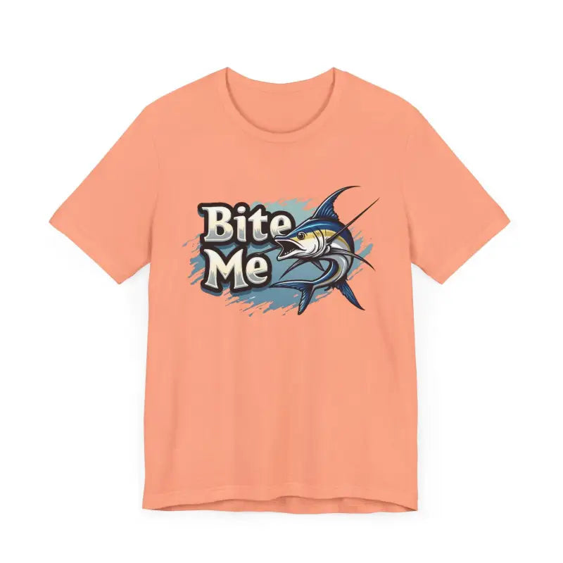 Peach-colored t-shirt featuring a marlin graphic from the Bite Me Unisex Fish Graphic Tee