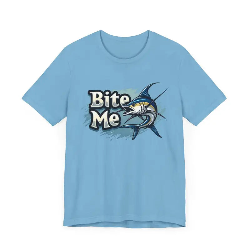 Light blue Bite Me Unisex Fish Graphic Tee featuring marlin design