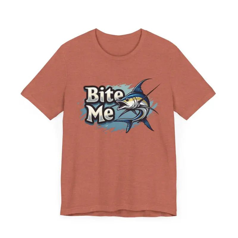 Salmon-colored unisex t-shirt featuring Bite Me fish graphic design