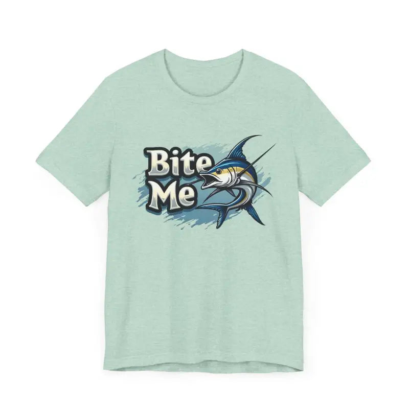 Light green t-shirt featuring marlin graphic from Bite Me Unisex Fish Graphic Tee