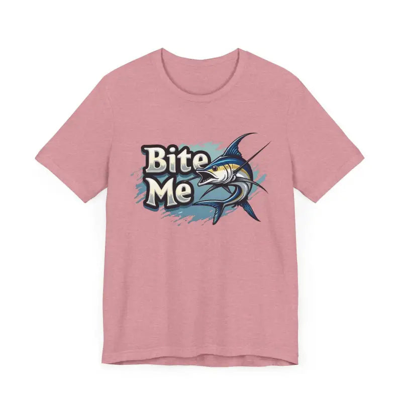 Pink t-shirt featuring a fish graphic from the Bite Me Unisex Fish Graphic Tee collection