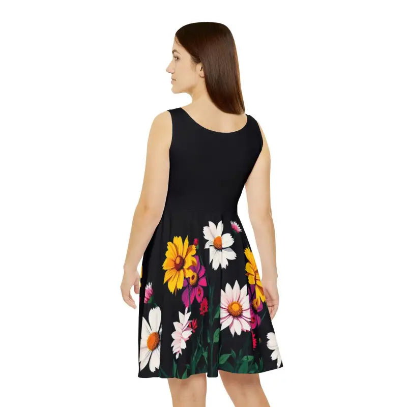 Black Floral Print Womens Skater Dress featuring a sleeveless design and elegant floral pattern