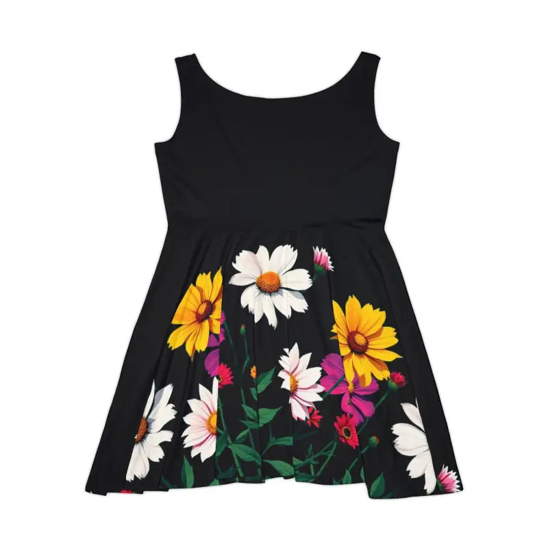 Black Floral Print Womens Skater Dress featuring a stylish floral design on a black background