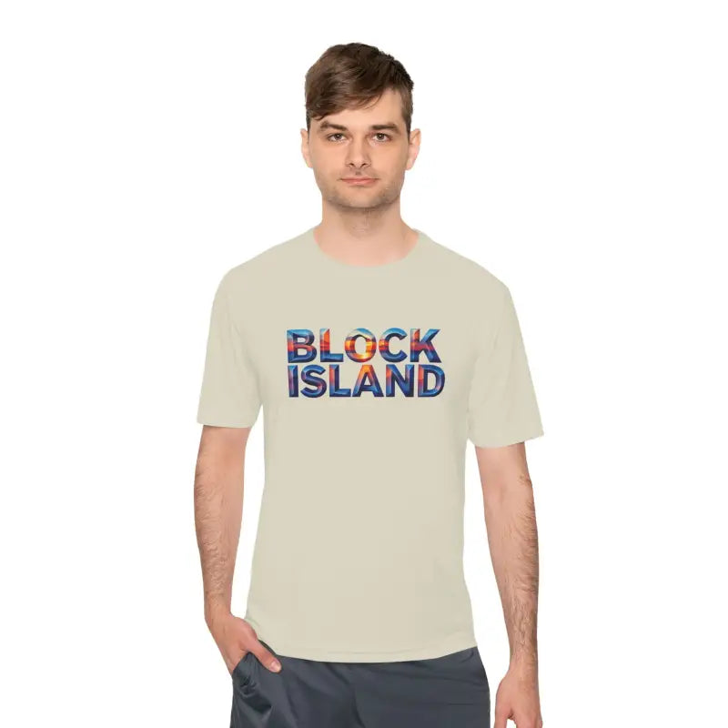 Beige Block Island Adventure Unisex Moisture Wicking T Shirt with text design
