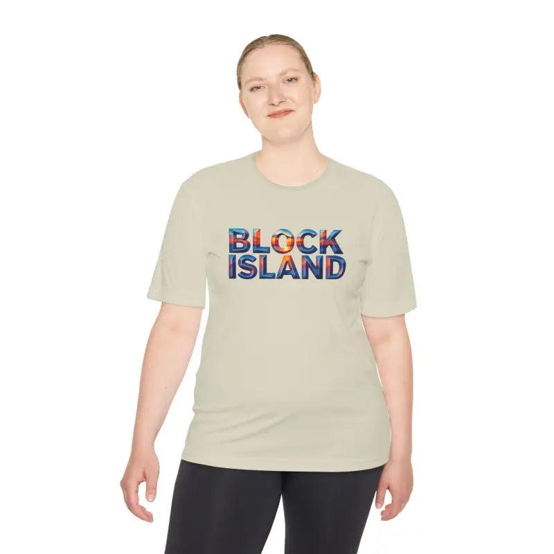 Beige moisture-wicking t-shirt featuring Block Island text for outdoor adventures