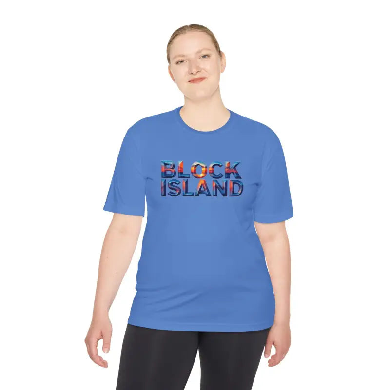 Blue Block Island Adventure Unisex Moisture Wicking T Shirt with text design