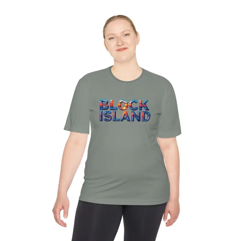 Gray Block Island Adventure Unisex Moisture Wicking T-Shirt with text design