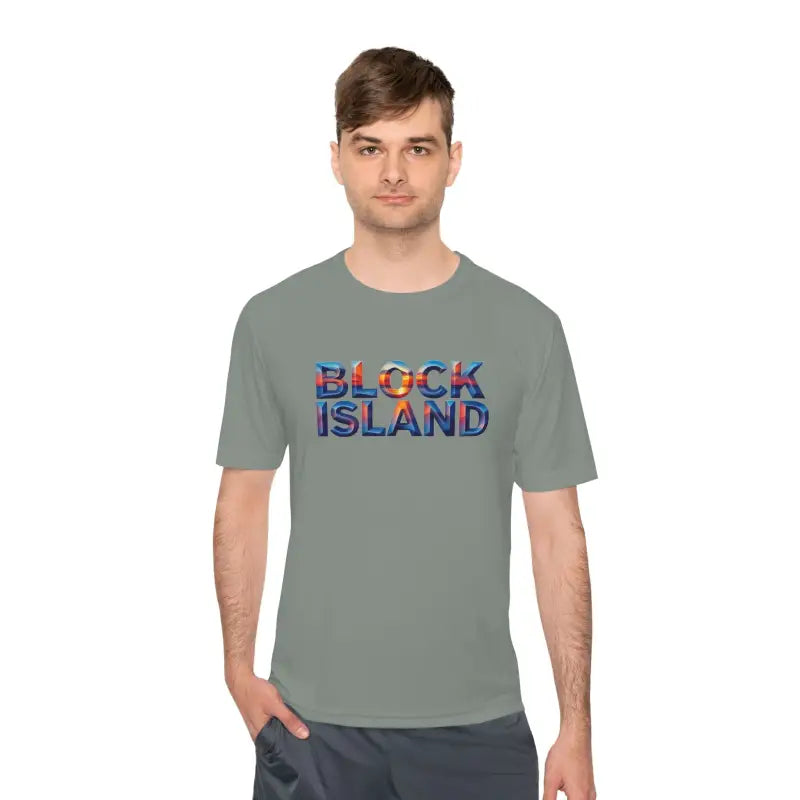 Gray Block Island Adventure Unisex Moisture Wicking T Shirt with text design