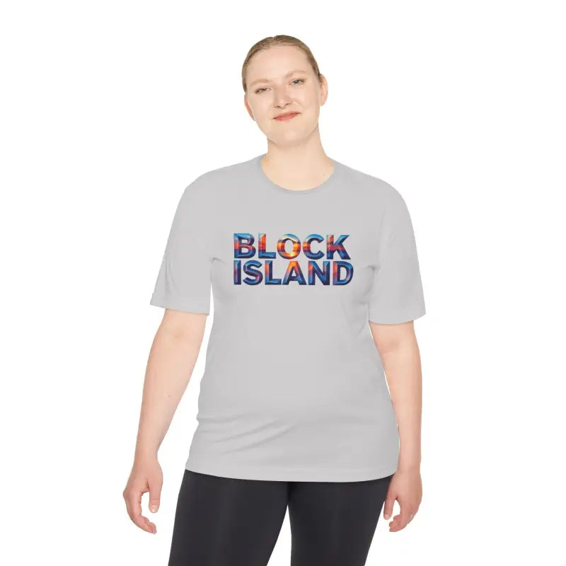 Gray Block Island Adventure Unisex Moisture Wicking T-Shirt with text design