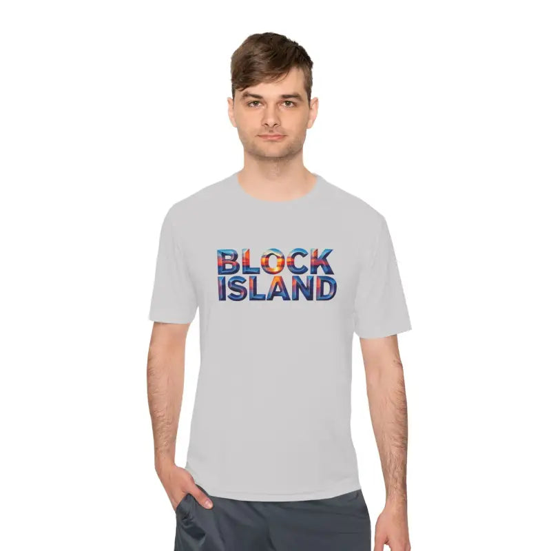 Man in a Block Island t-shirt showcasing the Block Island Adventure Unisex Moisture Wicking T Shirt