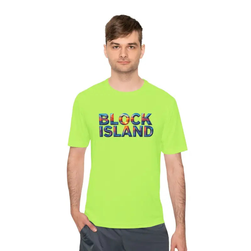 Man wearing a neon green Block Island Adventure moisture-wicking t-shirt