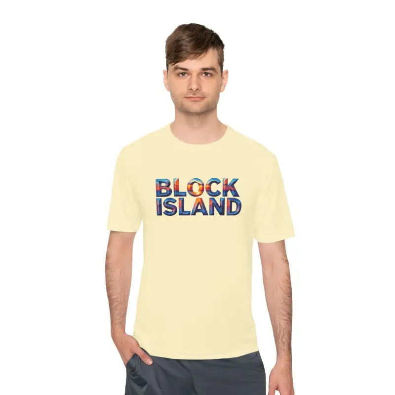 Man wearing Block Island Adventure Unisex Moisture Wicking Yellow T-Shirt