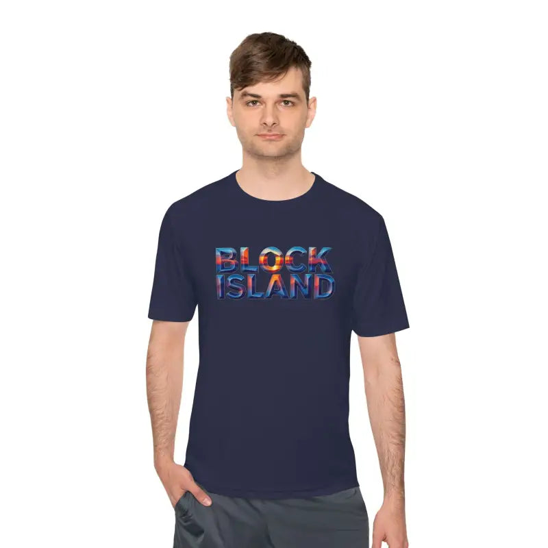 Navy blue Block Island Adventure unisex moisture-wicking t-shirt with text design