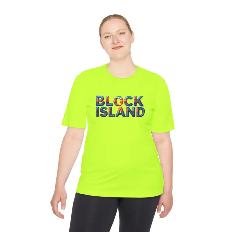 Neon yellow Block Island Adventure unisex moisture-wicking t-shirt with text design