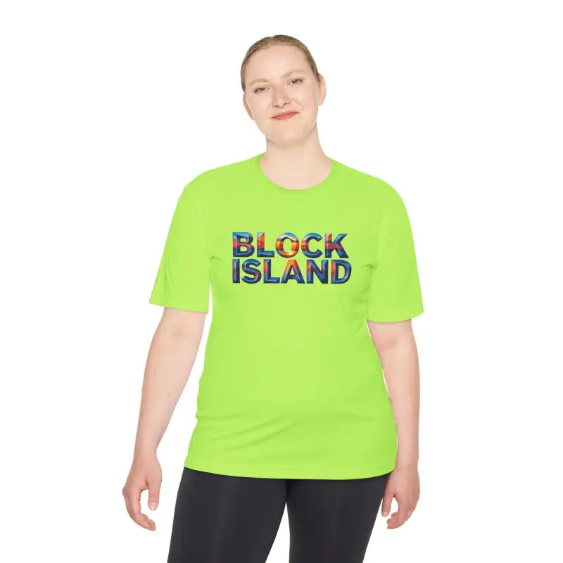 Neon green Block Island Adventure Unisex Moisture Wicking T Shirt on display