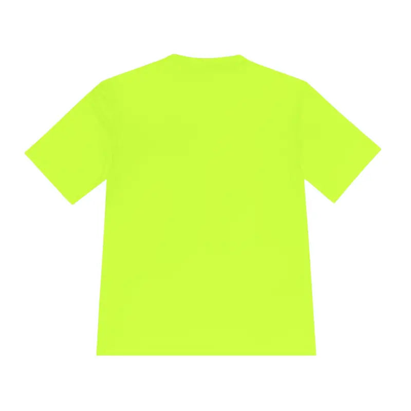 Neon yellow Block Island Adventure unisex moisture wicking t-shirt displayed