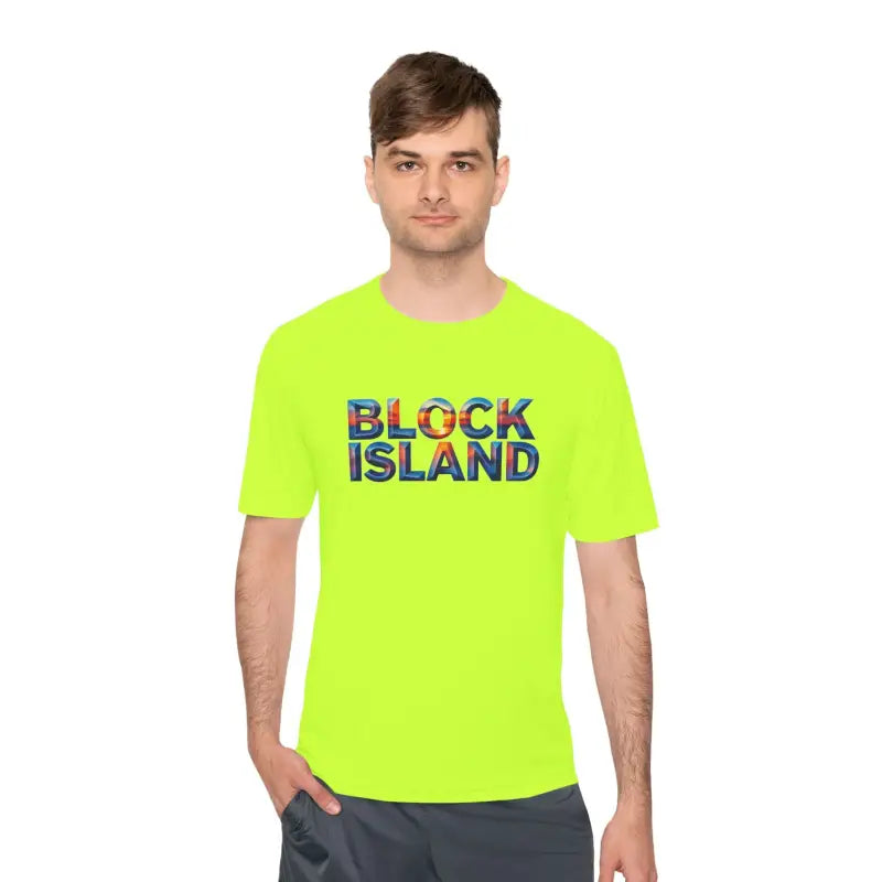 Neon yellow Block Island Adventure Unisex Moisture Wicking T Shirt for outdoor activities