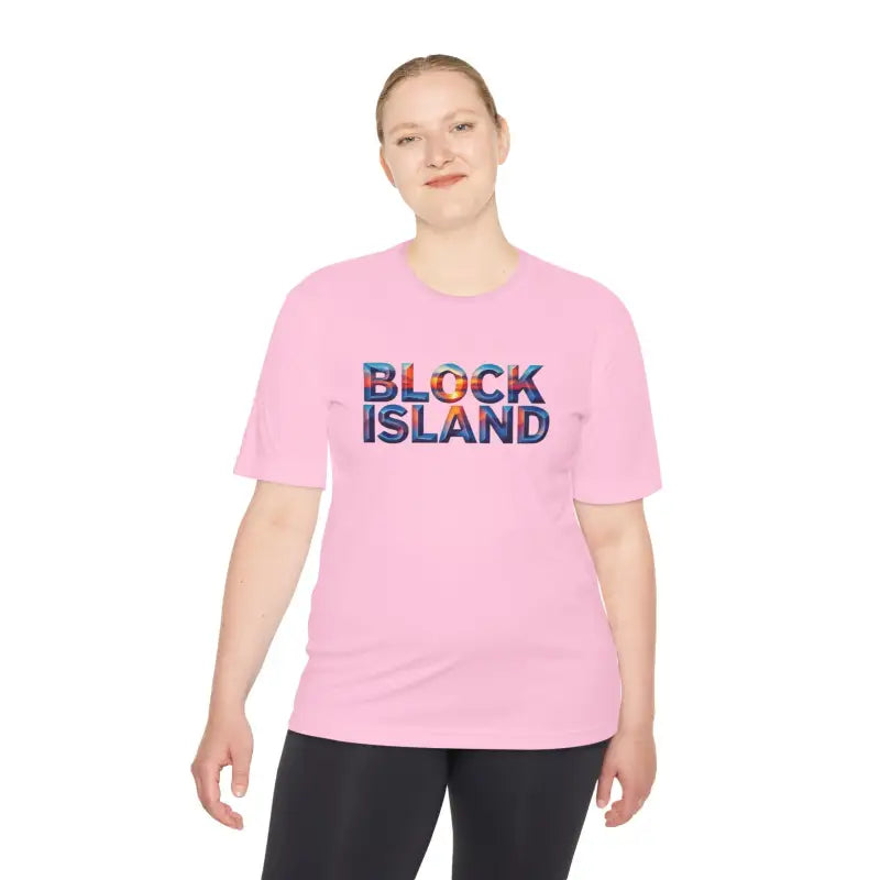 Pink Block Island Adventure Unisex Moisture Wicking T Shirt with text design