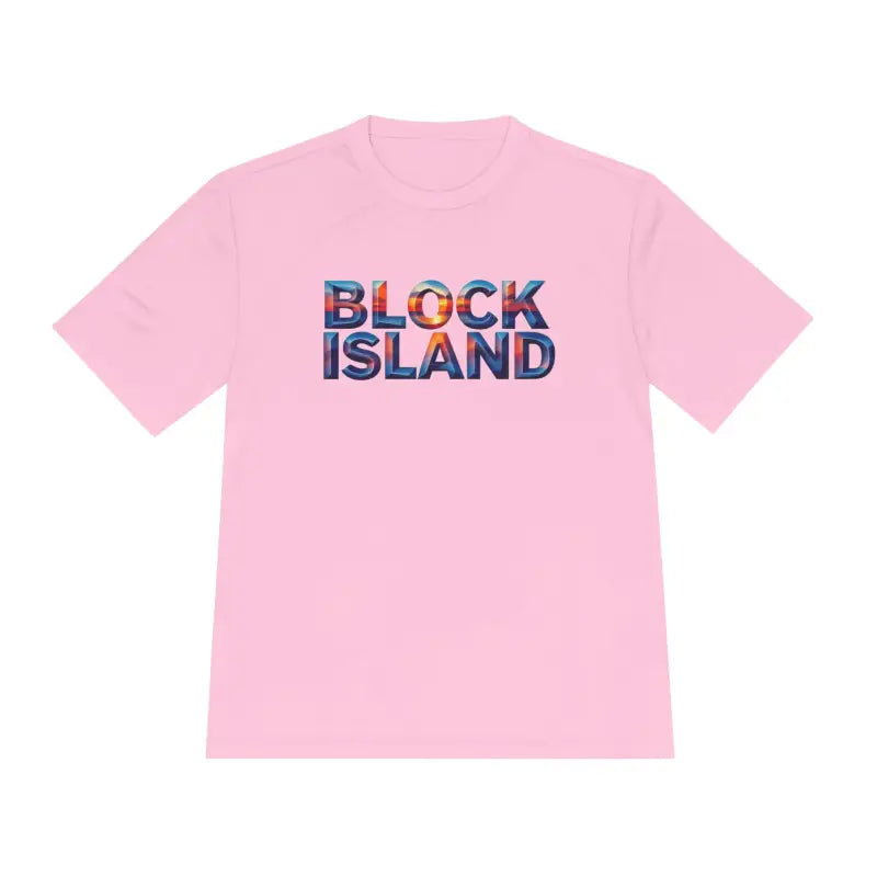 Pink Block Island Adventure Unisex Moisture Wicking T-Shirt with text design