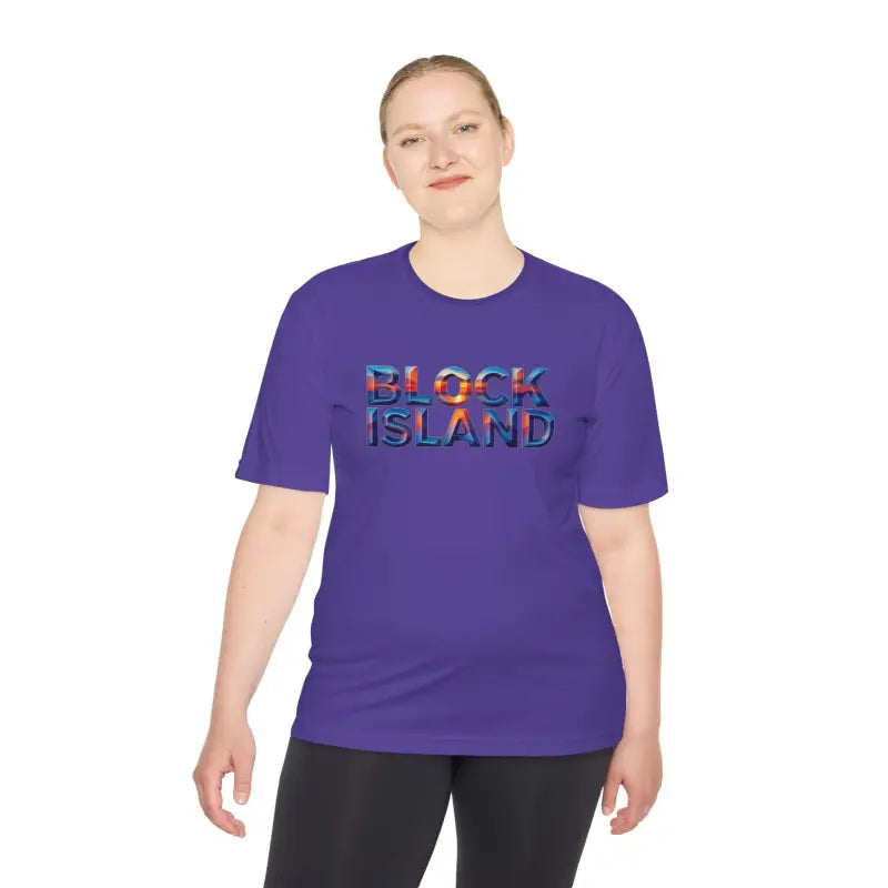 Purple Block Island Adventure Unisex Moisture Wicking T-Shirt for active lifestyles