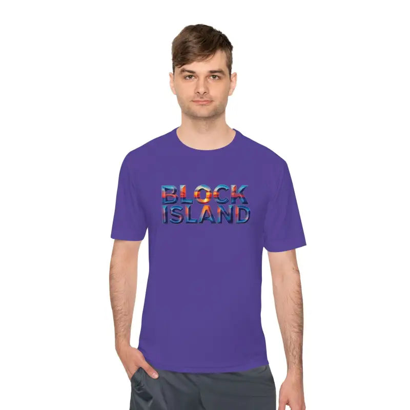 Purple Block Island Adventure Unisex Moisture Wicking T Shirt displayed elegantly