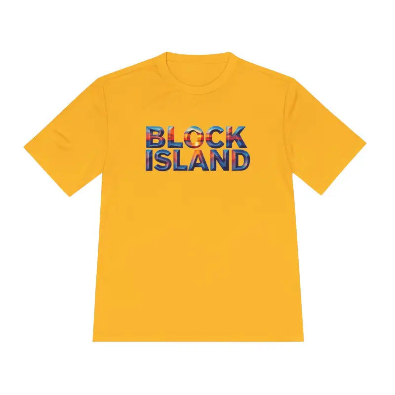Yellow Block Island Adventure Unisex Moisture Wicking T-shirt with text design