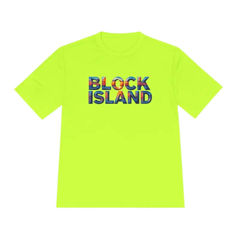 Neon yellow Block Island Adventure Unisex Moisture Wicking T Shirt displayed elegantly