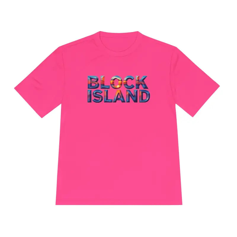 Pink Block Island Adventure Unisex Moisture Wicking T-Shirt with graphic text