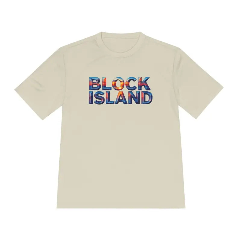 Beige t-shirt featuring Block Island text from Block Island Adventure collection