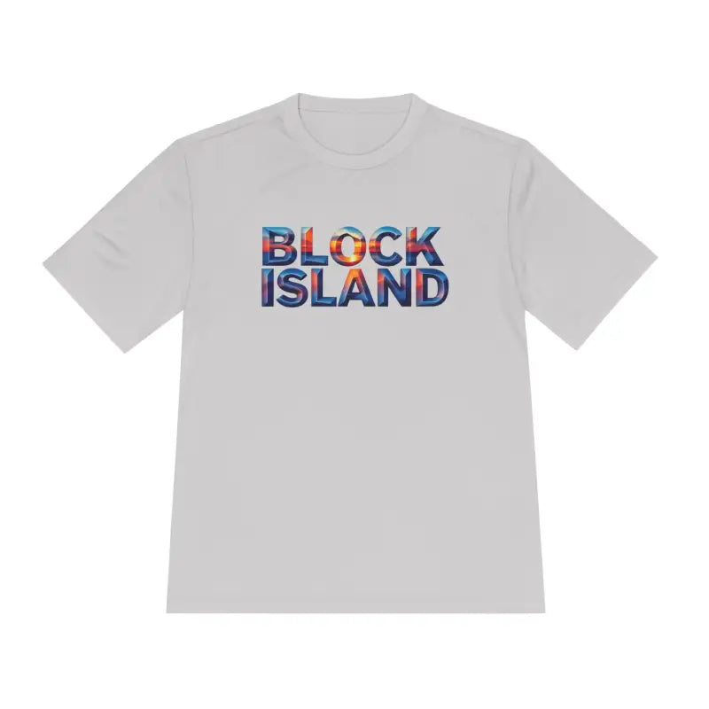 Gray Block Island Adventure Unisex Moisture Wicking T-Shirt with text design