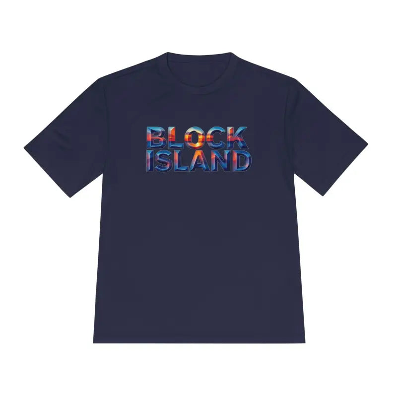 Navy blue Block Island Adventure unisex moisture-wicking t-shirt for outdoor activities
