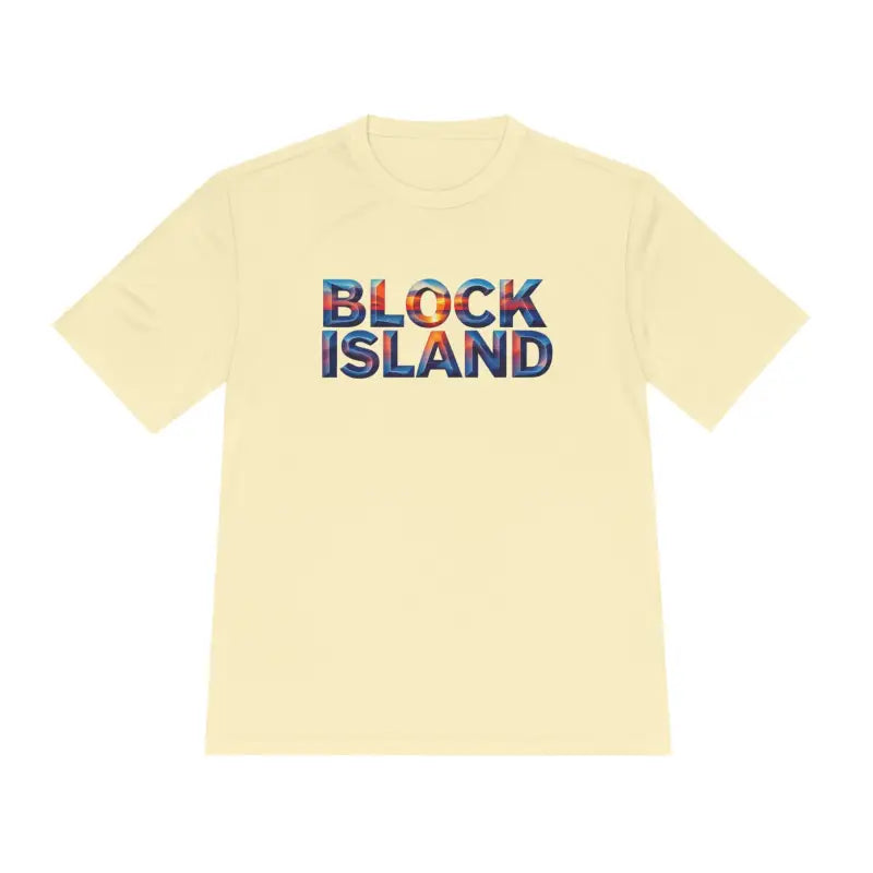 Cream-colored moisture-wicking t-shirt featuring Block Island text for outdoor adventures