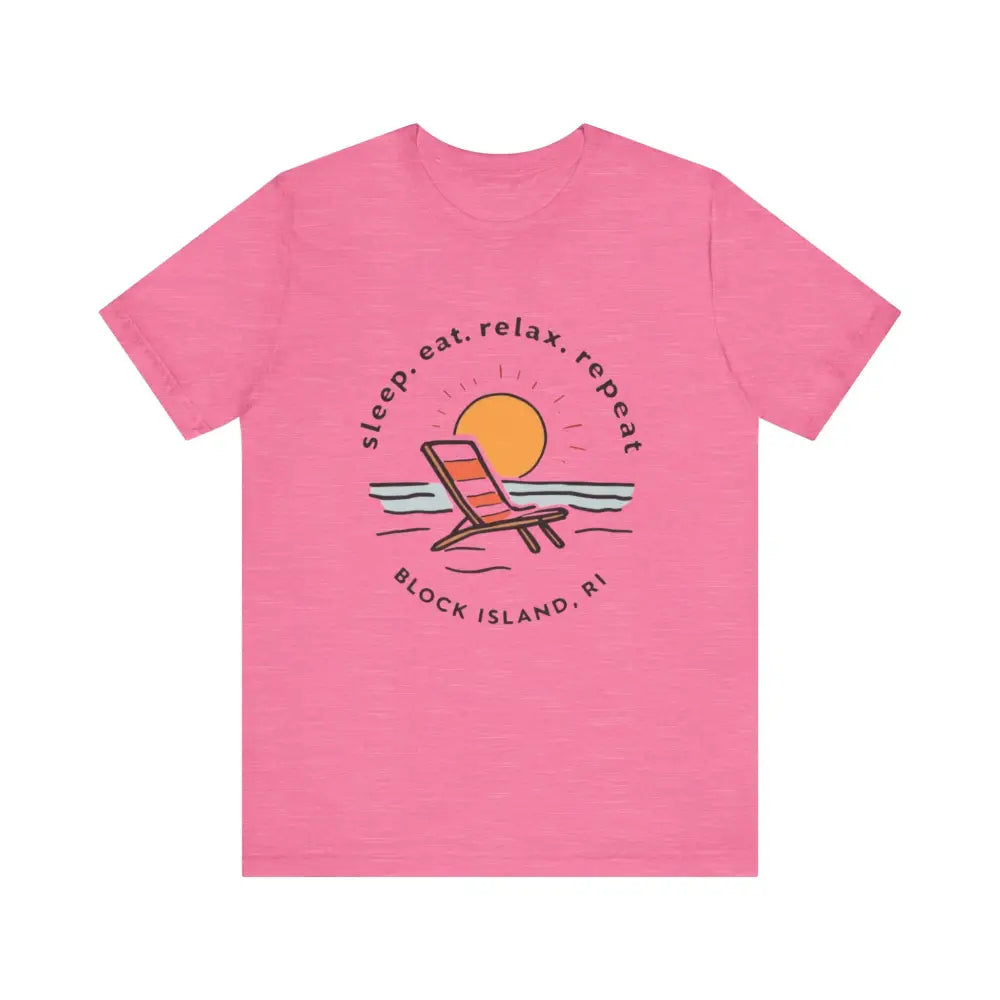 Pink t-shirt featuring a beach graphic from the Block Island Beach Vibes Unisex Tee
