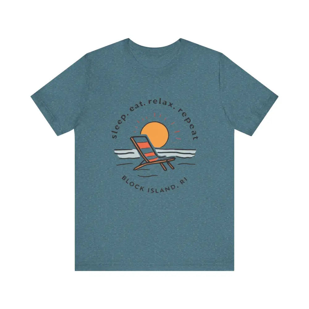 Blue Block Island Beach Vibes Unisex Tee featuring a vibrant beach scene design
