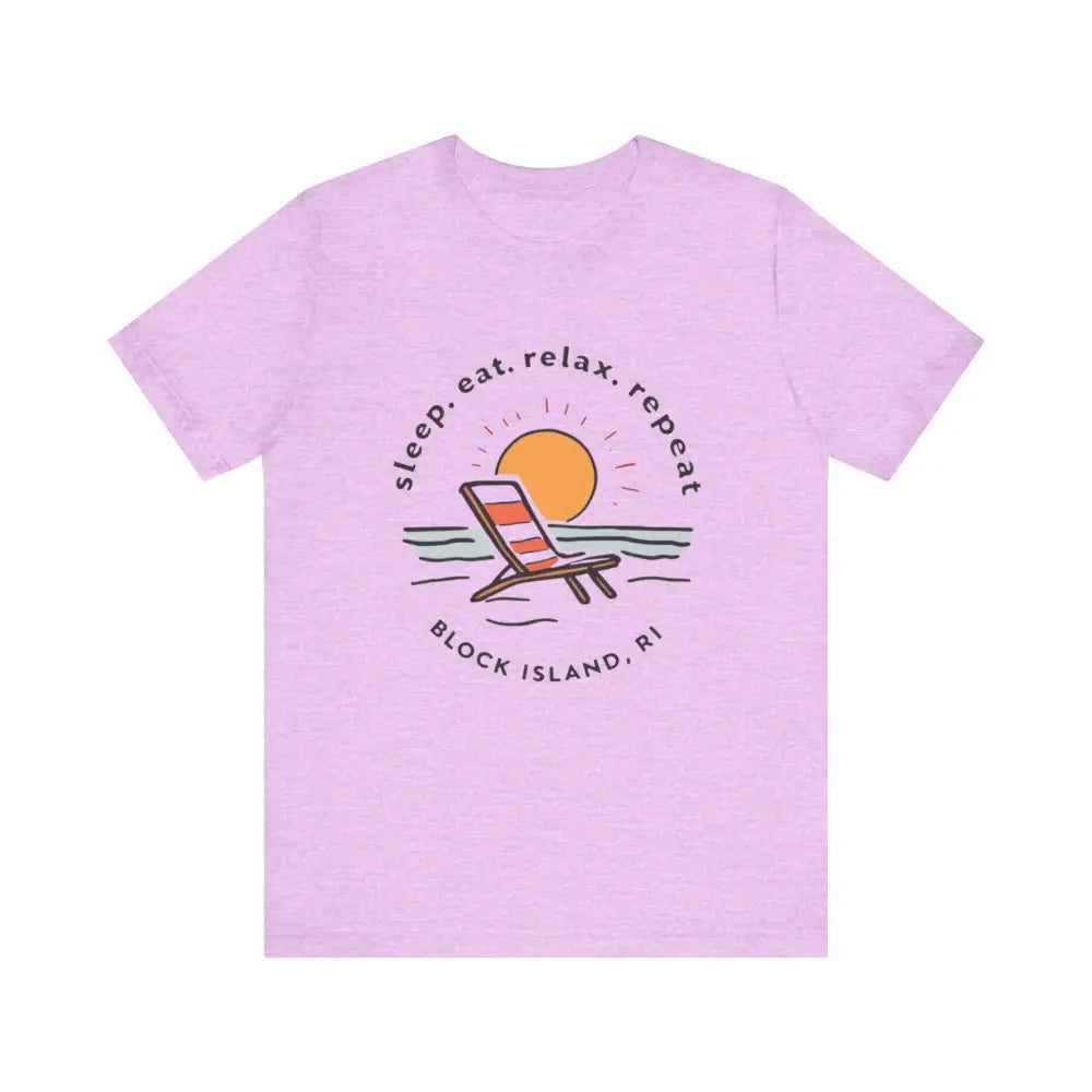 Lavender Block Island Beach Vibes Unisex Tee displayed in a stylish setting