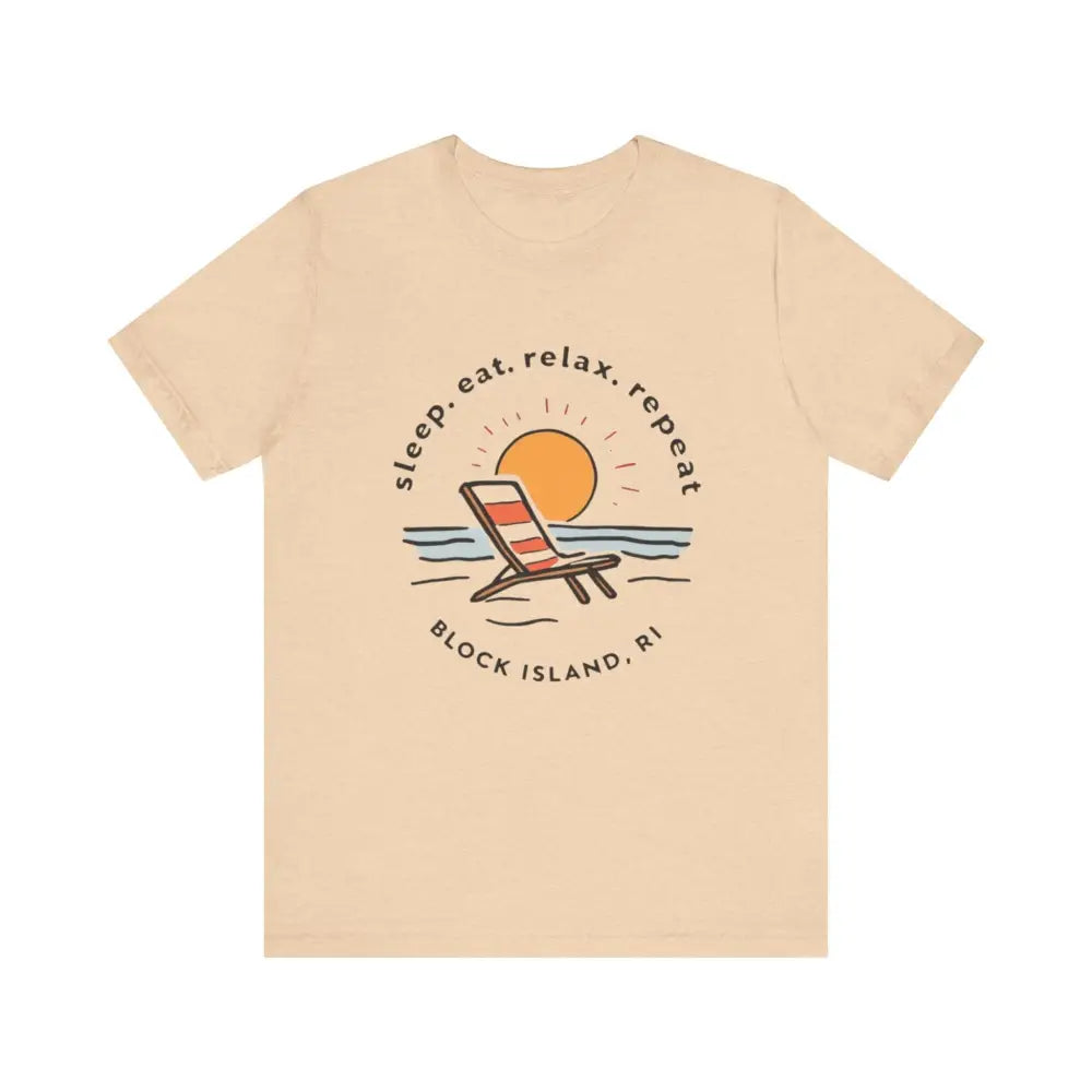 Beige Block Island Beach Vibes Unisex Tee featuring a vibrant beach graphic