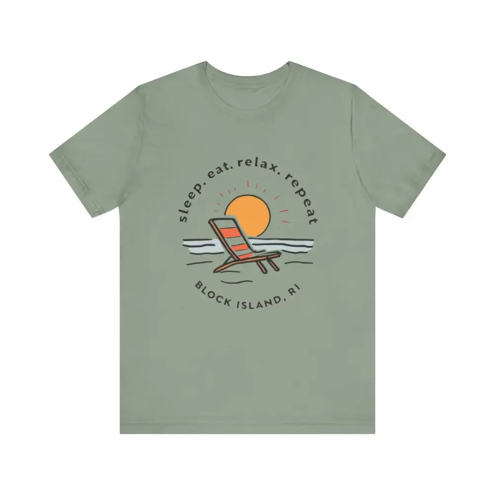 Green Block Island Beach Vibes Unisex Tee featuring a vibrant beach graphic