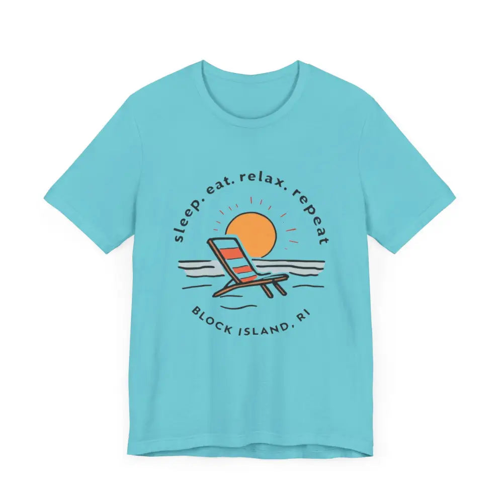 Turquoise Block Island Beach Vibes Unisex Tee featuring a vibrant beach scene